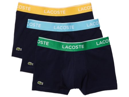 Lacoste 3 Pack Cotton Stretch Trunks - Navy with Blue Green Yellow Waistband Fashion