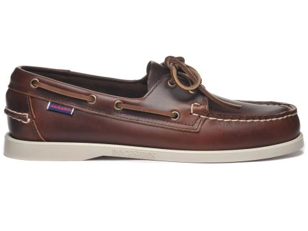 Sebago Docksides Portland Waxed Leather Boat Shoes - Brown   White For Sale