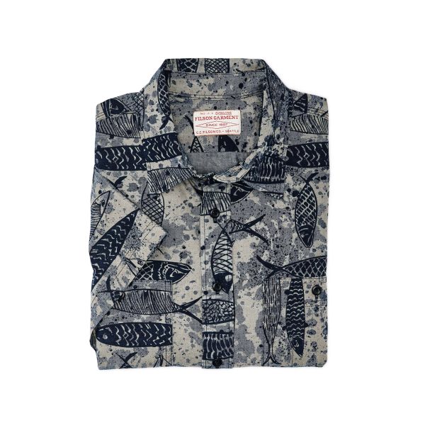 Filson Short Sleeve Chambray Shirt - Blue Ink Fish Print Hot on Sale